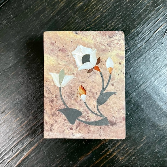 Set of 2 Vintage Inlay Marble  Oval Rectangular Trinket Boxes  Soap Stone - Picture 2 of 11